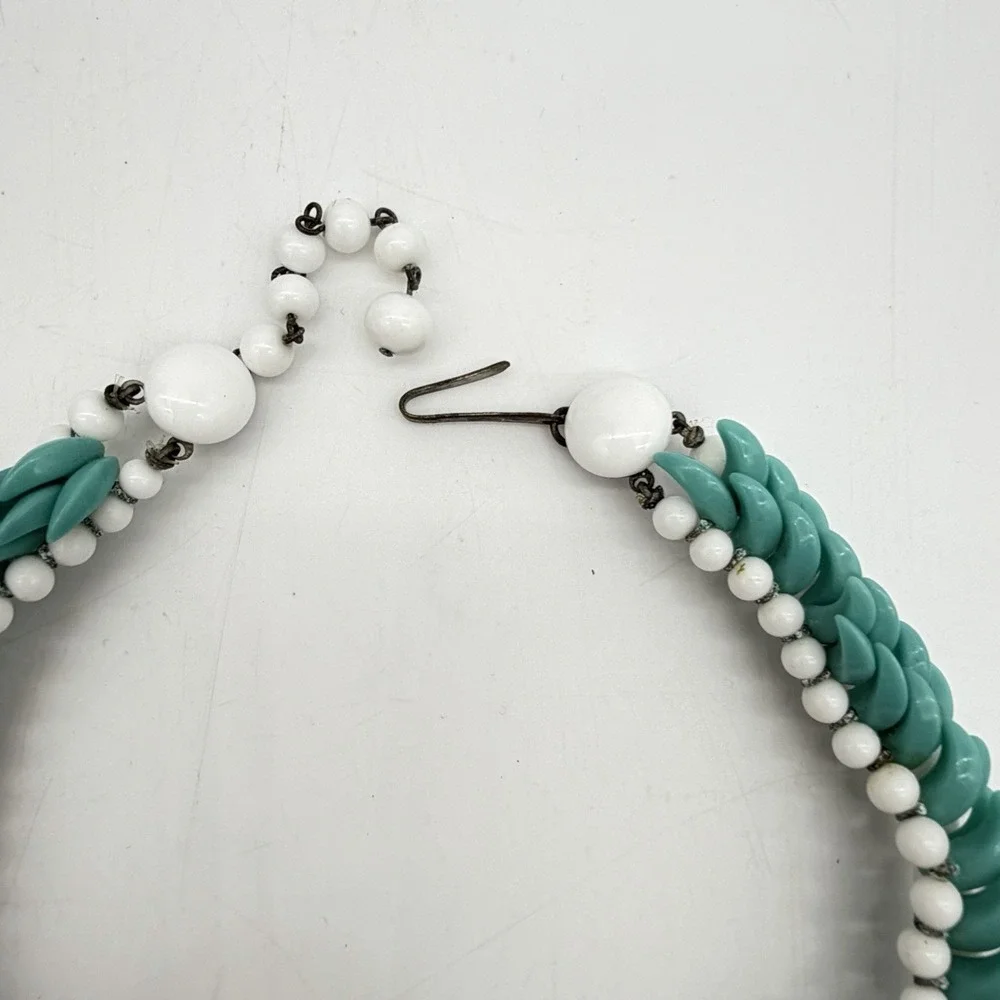 Vtg Haskell Era Turquoise Milk Glass Choker Necklace Hand Made Blue White Spiked